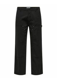 Zwarte wijde broek van katoen, met twee voorzakken met knoopaccenten en een ritssluiting. Gelaagd stof met een gladde afwerking.