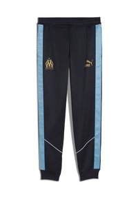 Pantalones deportivos negros con acentos laterales en azul claro, logotipos dorados del Marseille y Puma, cinturilla elástica y detalles de costura en blanco.