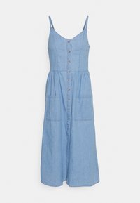 Abito in denim azzurro chiaro con spalline regolabili, chiusura a bottoni frontale e due tasche laterali. Gonna svasata con dettaglio in vita arricciato.