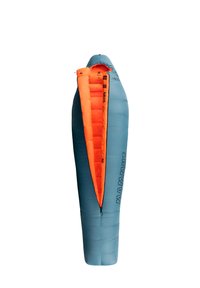 Daunen-Schlafsack in Blau und Orange, mit konischem Design, Kapuze und Reißverschluss an der Seite, beschriftet mit Temperaturbewertung.