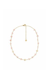 Collana in oro con perline di pietra rosa sparse e accenti ovali, lunghezza regolabile con chiusura a moschettone e etichetta con logo.