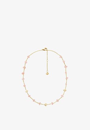 Collier en chaîne dorée avec des perles roses éparpillées et des accents ovales, longueur réglable avec un fermoir à homard et une étiquette de logo.