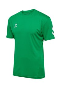 T-shirt sportivo verde realizzato in tessuto traspirante. Caratterizzato da maniche corte, scollo rotondo e logo bianco con strisce sulla manica sinistra.