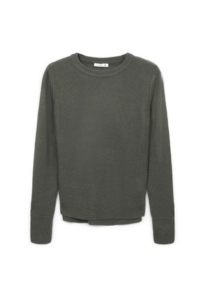Maglione a maglia verde oliva con collo rotondo, maniche lunghe e orlo dritto. Presenta polsini a coste e una tessitura strutturata.