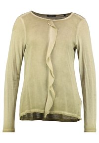 Blusa a maniche lunghe di un verde oliva chiaro, realizzata in un tessuto morbido, con dettagli arricciati sulla parte anteriore e un collo rotondo.