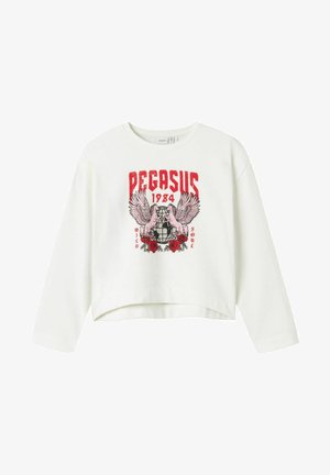 Sudadera blanca recortada con mangas largas, que presenta un diseño gráfico en rojo y negro de caballos alados, el texto "PEGASUS 1984" y acentos florales.