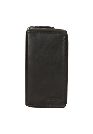 Schwarze Lederbörse mit strukturierter Oberfläche, Reißverschluss und eingestanztem Markenlogo. Kompaktes Design mit genähten Akzenten.