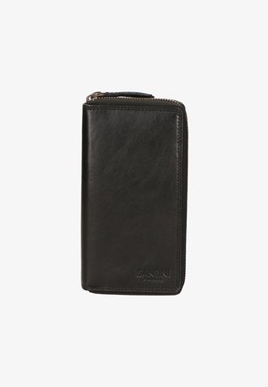 Portafoglio in pelle nera con superficie testurizzata, chiusura con zip e logo del marchio impresso. Design compatto con dettagli di cucitura.