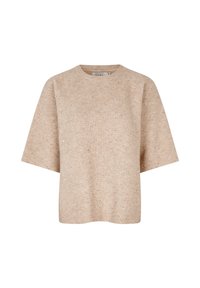 Beige kortærmet sweater med ribbet tekstur og subtile prikker. Har en rund halsudskæring og en afslappet pasform.