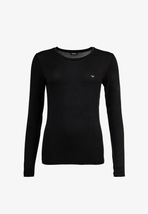 Schwarzes Langarmshirt aus weichem Stoff, mit rundem Halsausschnitt und einem kleinen, dezenten Logo auf der Brust. Glatte Textur und taillierte Passform.
