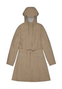 Μπεζ αδιάβροχο παλτό με κουκούλα, ρυθμιζόμενο κορδόνι, κούμπωμα με κόπιτσες, ζώνη στη μέση, μακριά μανίκια και πλαϊνές τσέπες. Λεία υφή και ραμμένη σχεδίαση.