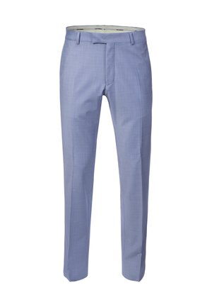 Pantaloni da uomo azzurri chiari su misura con passanti per cintura e zip frontale, mostrati su sfondo bianco.