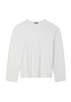Maglietta bianca a maniche lunghe in materiale a coste. Presenta un collo a giro e un taglio corto, offrendo una texture liscia e un design semplice.