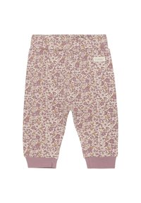 Hose für Kinder mit floralem Muster in heller Cremefarbe und rosa sowie senfgelben Akzenten. Weicher Baumwollstoff, elastischer Bund und tapered Bündchen.