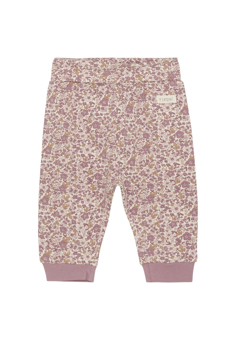 Hose für Kinder mit floralem Muster in heller Cremefarbe und rosa sowie senfgelben Akzenten. Weicher Baumwollstoff, elastischer Bund und tapered Bündchen.