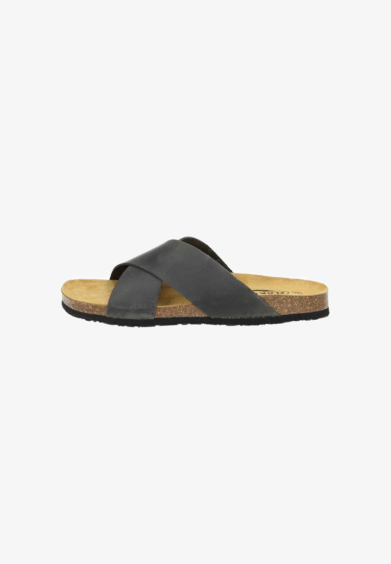 Black leather slide sandal with crisscross straps, cork footbed, and rubber sole. Smooth texture and minimal design.