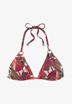 Trojuholníkový bikiny top s kvetinovým vzorom v červenej, zelenej a bielej farbe, so šnúrkovými viazaniami a akcentmi zo zlato-tonu. Mäkka textúra látky.