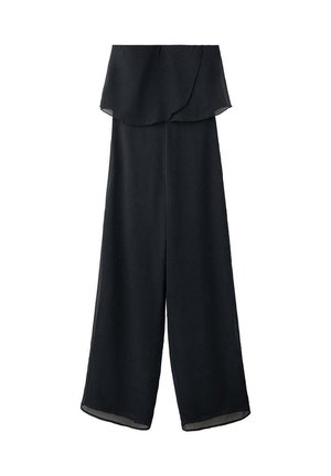 Mono negro de pierna ancha con parte superior sin tirantes, con volantes en capas y tejido fluido que llega hasta los tobillos.