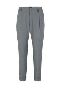 Pantaloni grigi su misura con una finitura testurizzata, dotati di pieghe frontali, chiusura con bottone e risvolti alle caviglie.