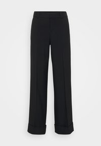 Black wide-leg trousers with a smooth texture, featuring a tailored design, a cuffed hem, and a traditional waistband.