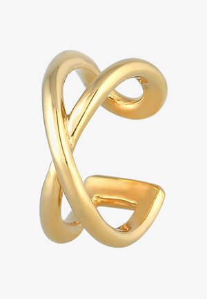 Bague plaquée or avec un design en spirale entrelacé. Surface lisse et réfléchissante aux bords arrondis, mettant en valeur une forme unique.