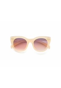Blek transparent katter-ögon solglasögon med gradient rosa linser. Acetatram med mjuk textur och rundade kanter.