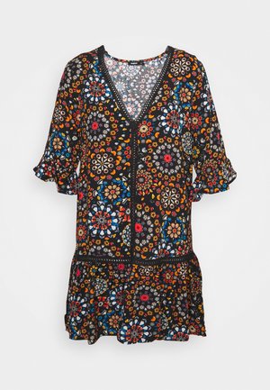 Schwarzes Kleid mit bunten, kreisförmigen Blumenmustern, V-Ausschnitt, dreiviertel Puffärmel und einem gerafften Rüschensaum.