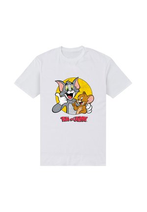 White cotton t-shirt featuring cartoon characters Tom and Jerry printed in color with a yellow background and the text "TOM and JERRY" below.