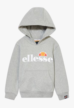 Sweat à capuche gris ellesse avec poche kangourou à l'avant, manches longues, poignets et ourlet côtelés, et un logo en demi-cercle coloré au-dessus du nom de la marque.