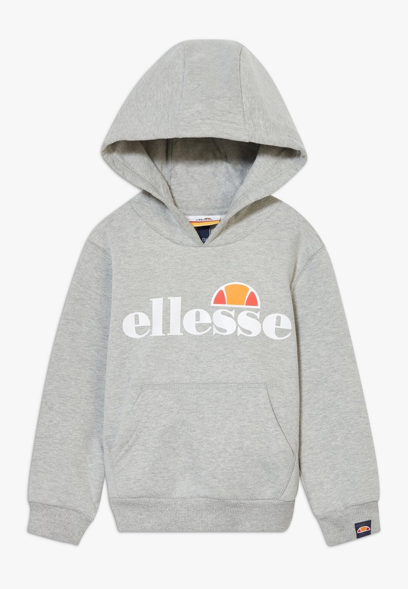 Sweat à capuche gris ellesse avec poche kangourou à l'avant, manches longues, poignets et ourlet côtelés, et un logo en demi-cercle coloré au-dessus du nom de la marque.