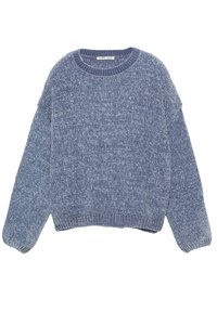 Pull en tricot dans des nuances de bleu, doté d'un col rond, de manches larges, de poignets côtelés et d'une finition texturée. Aucune marque ni motif visible.