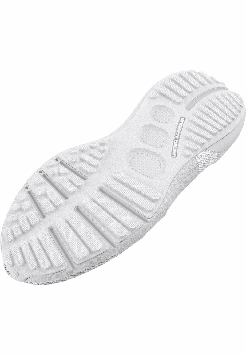 Suela de zapatilla blanca con patrones de agarre texturizados, que presenta áreas de amortiguación elevadas. Material de goma, diseño aerodinámico con ligeras curvaturas.