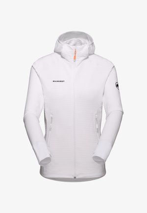 Witte Mammut-jas met een gestructureerd ontwerp, capuchon, ritszakken en contrasterende oranje rits. Heeft aansluitende mouwen en logo-detail.