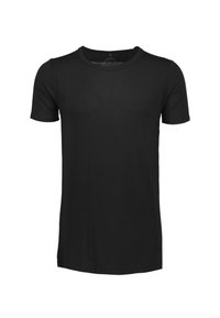 Zwarte T-shirt met korte mouwen van gladde stof, met een ronde hals en een rechte zoom, zonder zichtbare patronen of logo's.