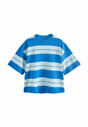 Blau gestreiftes T-Shirt mit kräftigen horizontalen Streifen in Hellblau. Kurze Ärmel und entspannter Schnitt. Hergestellt aus Baumwollstoff.