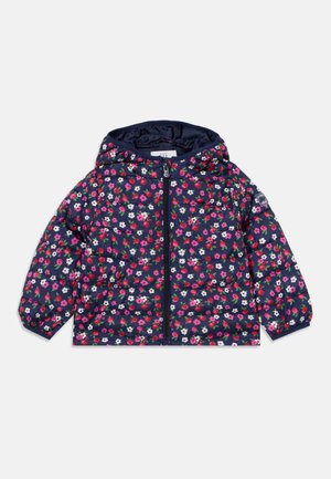 Giacca imbottita per bambini blu navy con motivo floreale rosa e bianco, zip frontale, maniche lunghe e cappuccio attaccato.