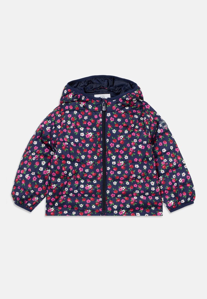 Doudoune enfant bleu marine avec motif floral rose et blanc, fermeture éclair devant, manches longues et capuche attachée.