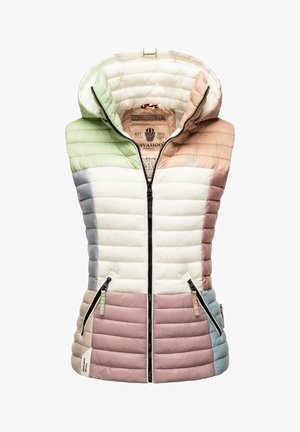 Hooded, sleeveless puffer vest with a quilted design. Features pastel color blocks in green, white, pink, and blue. Zippered pockets.