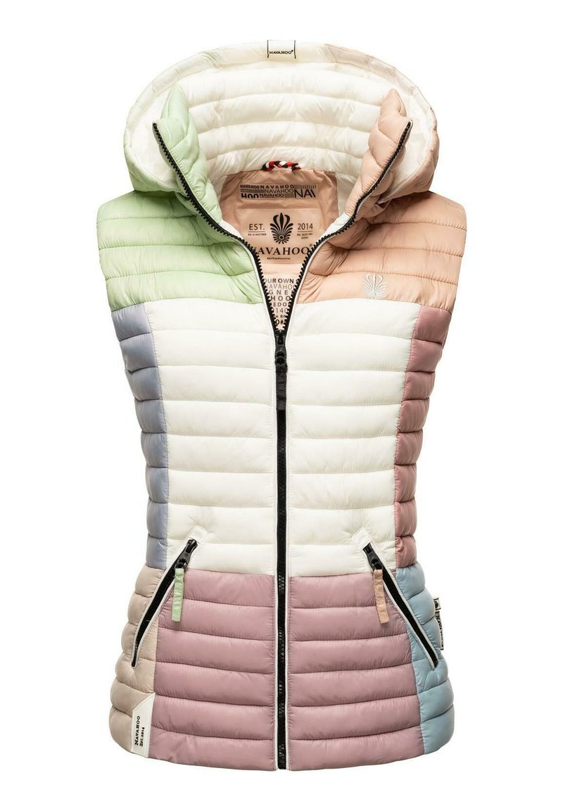 Hooded, bezrukavni puffer prsluk s kvadratnim uzorkom. Sadrži pastelne blokove boja u zelenoj, bijeloj, ružičastoj i plavoj. Džepovi sa patentnim zatvaračem.