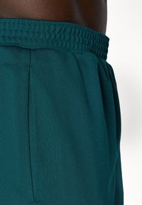 Tirilne športne hlače v teal barvi z elastičnim pasom, gladko teksturo in bočnimi naborki, prva ocena tkanine in detajlov.