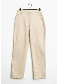 Pantalones rectos beige confeccionados en un tejido ligero. Cuentan con bolsillos frontales, un cierre de botón y un diseño limpio y simple.