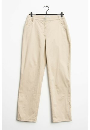 Beige kalhoty rovného střihu vyrobené z lehké látky. Mají přední kapsy, zapínání na knoflík a čistý, jednoduchý design.