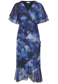 Blommig klänning i nyanser av blått, med genomskinliga fladderärmar, en omlottdesign, en volang nederkant och en mjuk, flödande tygkänsla.