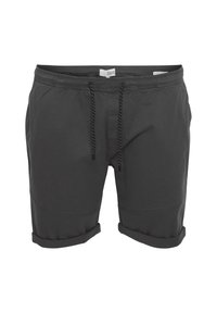 Schwarze Shorts aus leichtem Material, mit einem elastischen Bund und Kordelzug sowie umgeschlagenen Säumen. Einfaches Design ohne zusätzliche Muster.
