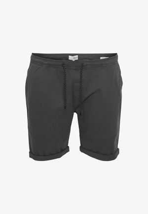 Schwarze Shorts aus leichtem Material, mit einem elastischen Bund und Kordelzug sowie umgeschlagenen Säumen. Einfaches Design ohne zusätzliche Muster.