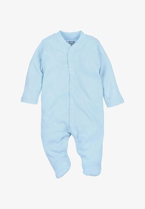 Body in cotone azzurro chiaro per neonati, con maniche lunghe, bottoni a scatto sul davanti e design con piedi per calore e comfort.