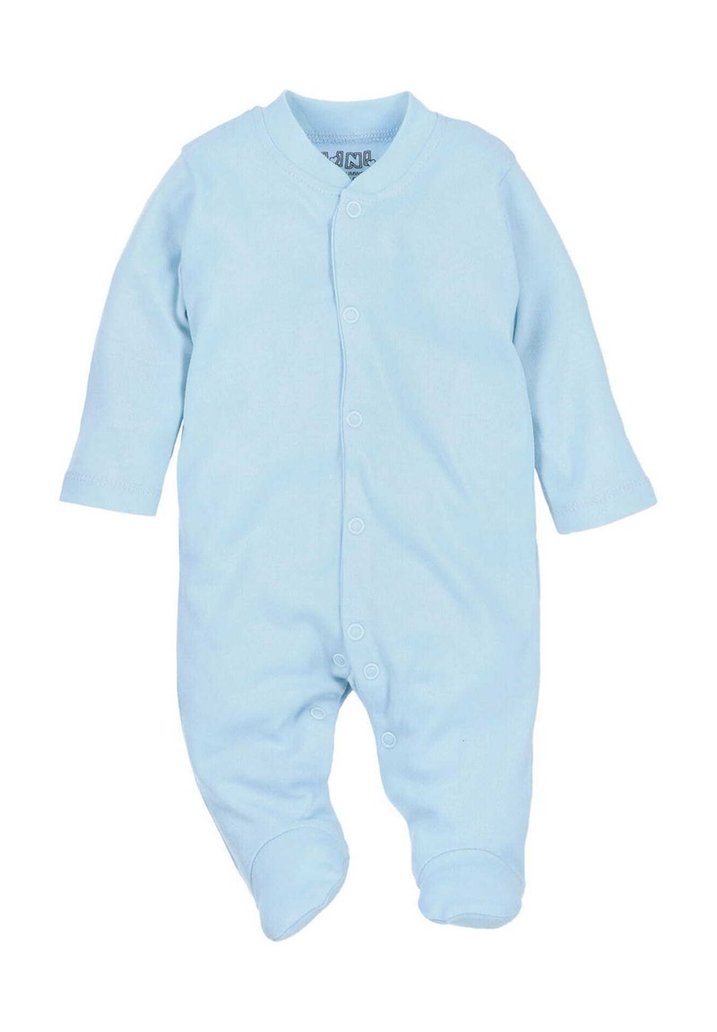 Jasnoniebieski bawełniany body dla niemowląt z długimi rękawami, zapięcia na napy z przodu oraz stopkami zapewniającymi ciepło i komfort.