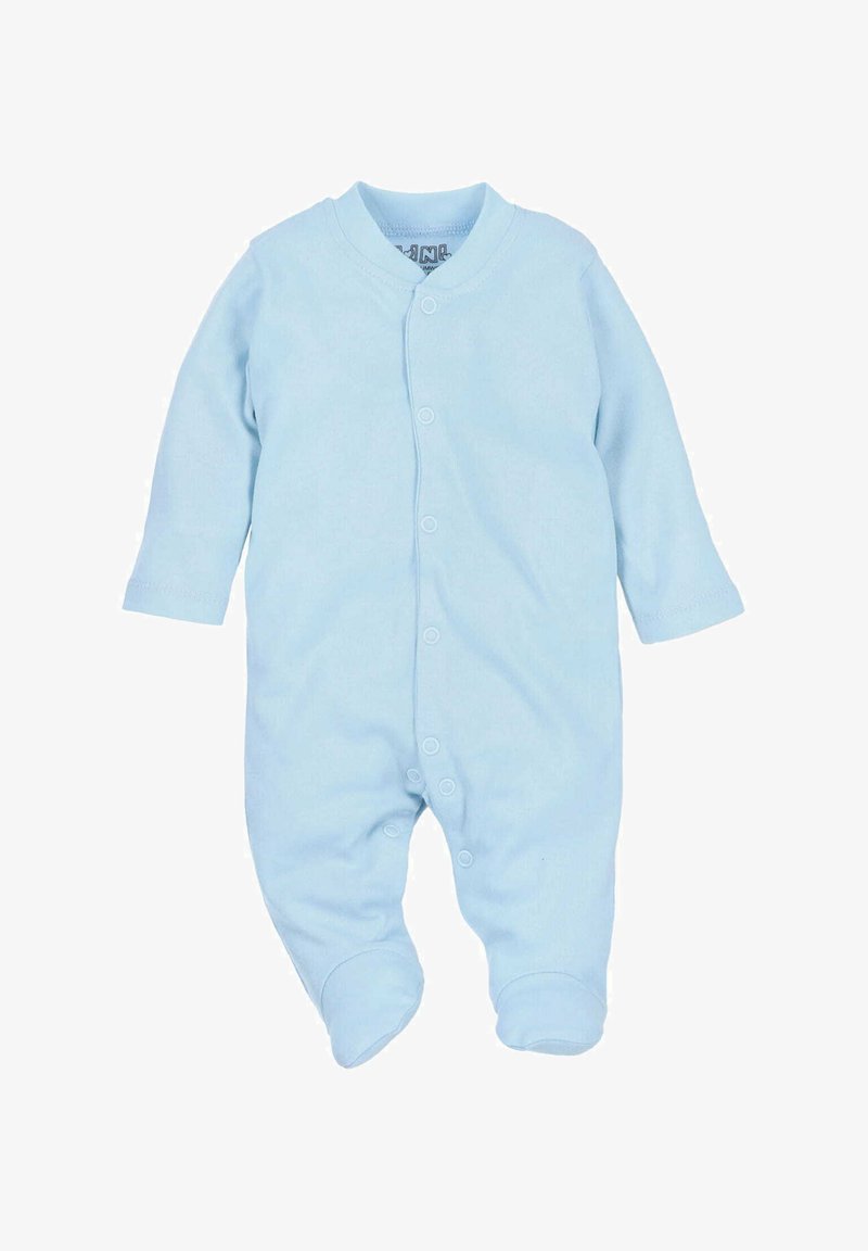 Jasnoniebieski bawełniany body dla niemowląt z długimi rękawami, zapięcia na napy z przodu oraz stopkami zapewniającymi ciepło i komfort.