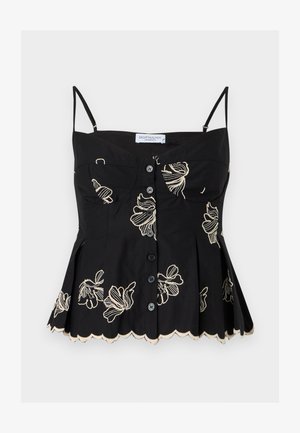 Μαύρο τοπ χωρίς μανίκια με λεπτές τιράντες, κούμπωμα με κουμπιά μπροστά, κεντητά κρεμ λουλουδένια σχέδια και κυματιστές λεπτομέρειες στο τελείωμα.