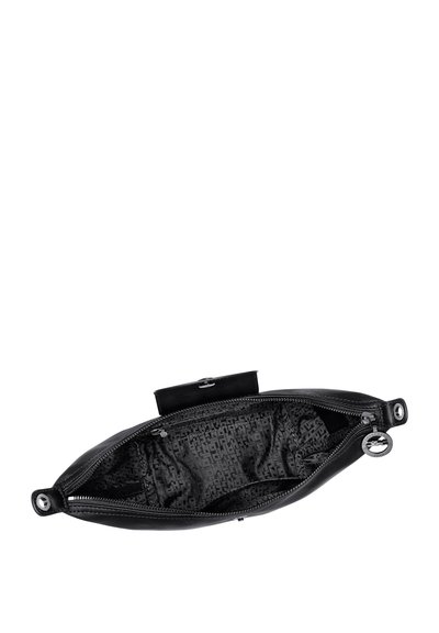 Black leather clutch with zip closure and interior lining featuring a subtle logo pattern. Smooth texture and sleek oval shape.